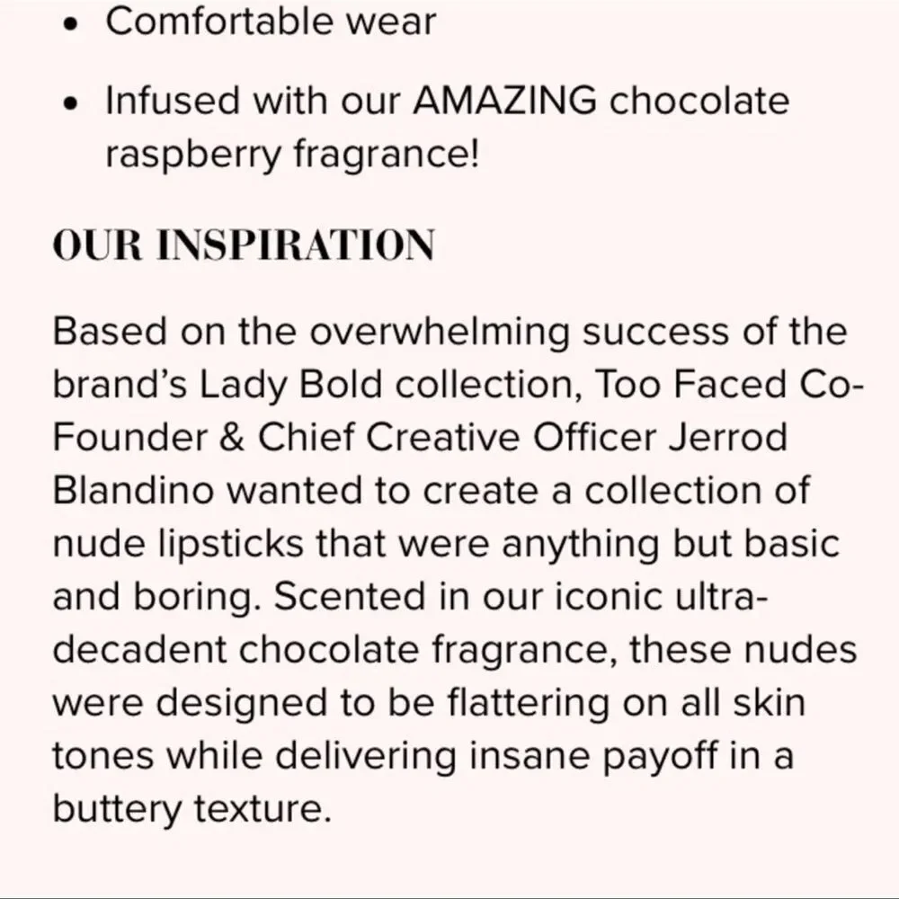 NIB Too Faced Buttercream Cocoa Bold Lipstick New Full Sz